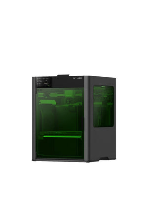 Bambu Lab H2C Laser Full Combo 10W 3D Yazıcı ön sağ perspektif görünümü yeşil lazer güvenlik camını ve kapalı kabin yapısını sergiler.