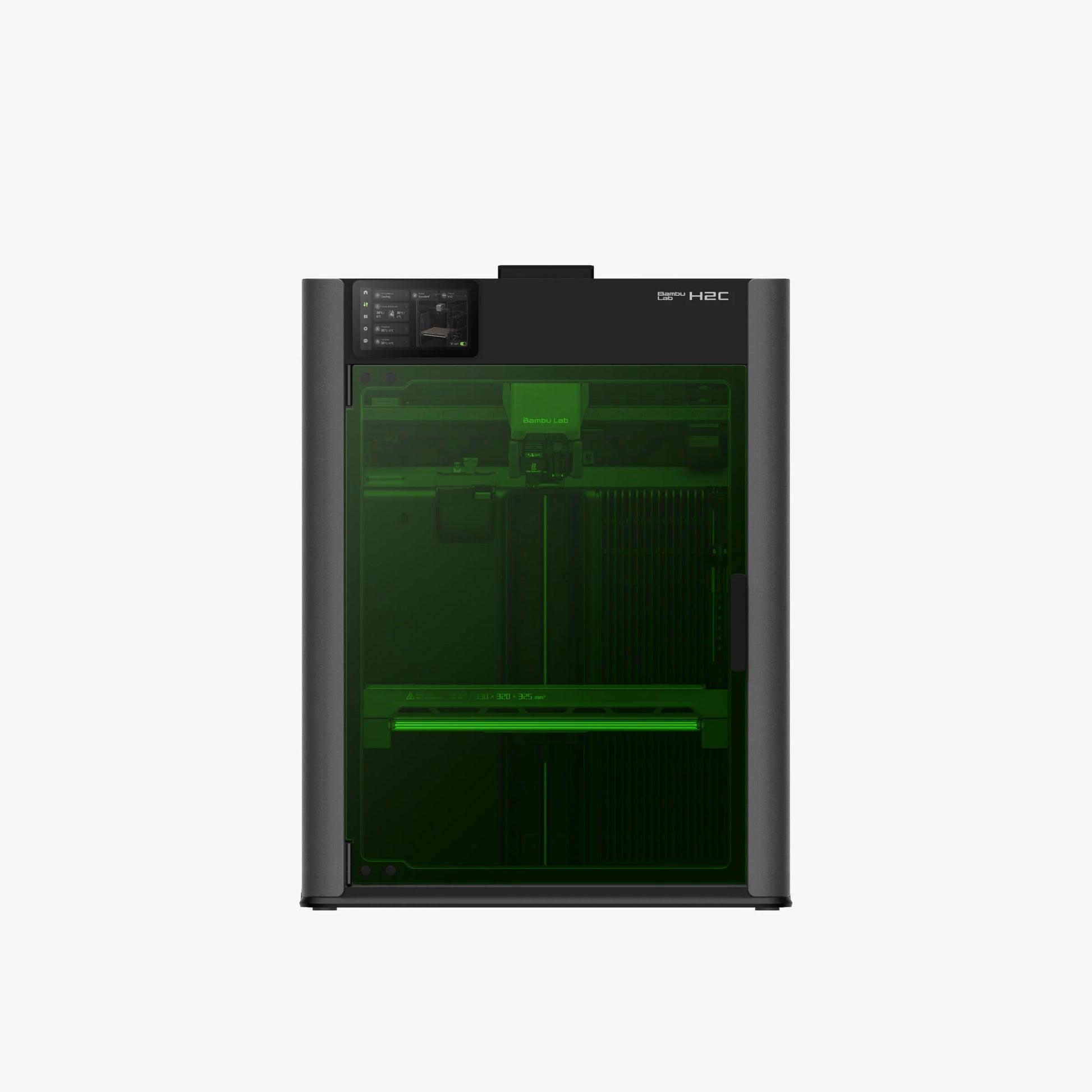 Bambu Lab H2C Laser Full Combo 40W 3D Yazıcı ön sağ perspektif görünümü dokunmatik kontrol ekranı yeşil lazer koruma camı ve üstte dörtlü filament rulo tutucu standını sergiler.