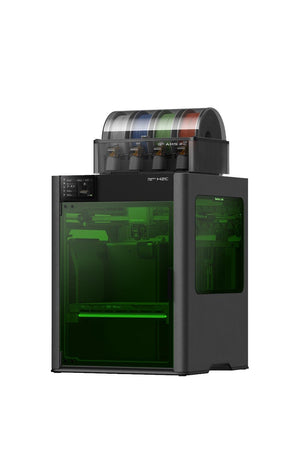 Bambu Lab H2C Laser Full Combo 40W 3D Yazıcı ön sağ perspektif görünümü AMS 2 ünitesi yeşil lazer güvenlik camı kapalı kabin yapısını sergiler.