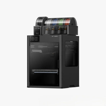 AMS 2 Pro ve yüksek sıcaklık üniteli Bambu Lab H2D Pro endüstriyel 3D yazıcının şık siyah kasalı çapraz tasarımı. Timuzon güvencesiyle hemen keşfedin.