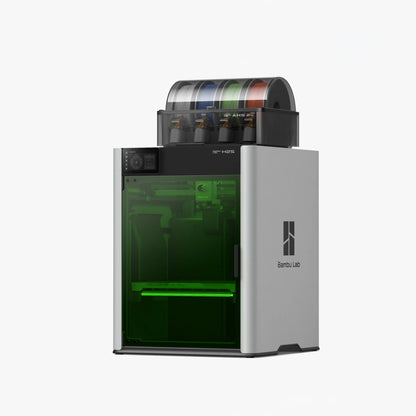 Bambu Lab H2S Laser Full Combo 10W 3D yazıcı, yeşil renkli koruyucu cam kapısı, üstteki AMS ünitesi ve yan paneliyle sağ çapraz görünümünü sergiler.