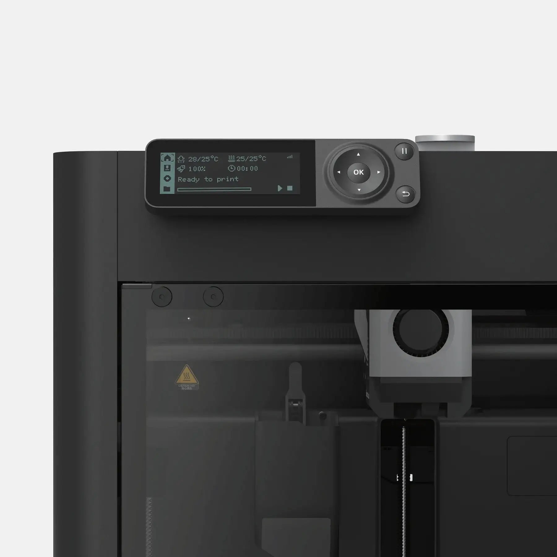 Bambu Lab P1S COMBO 3D yazıcı kontrol ekranı, buton arayüzü ve üst gövde mekanik parçalarının yakın çekim detayını gösterir. Timuzon güvencesiyle hemen keşfedin.