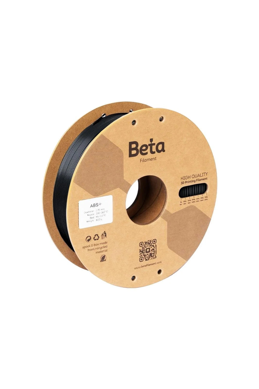 Beta ABS+ Black 0.8kg 3D yazıcı filamenti makarası ve 1.75mm çap görünümü, sağlam siyah yapısını ve tel formunu sunar. Timuzon güvencesiyle hemen keşfedin.