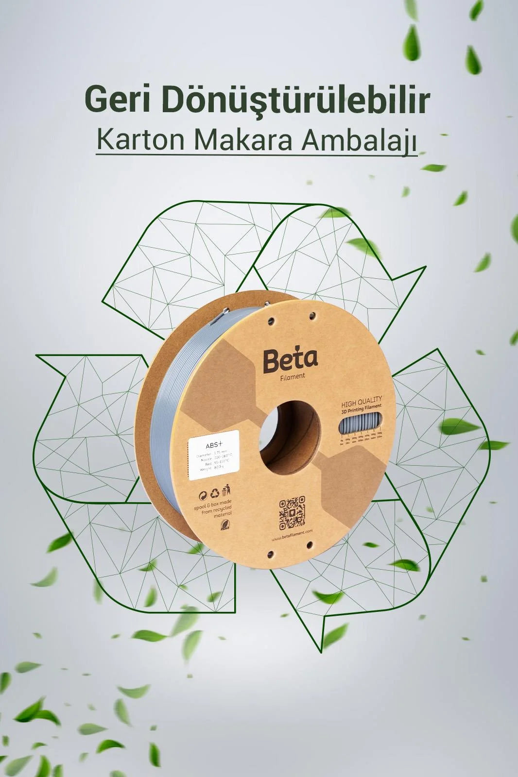 Beta ABS+ Grey geri dönüştürülebilir karton makaralı çevre dostu filament, doğaya duyarlı gri baskılar sağlar. Timuzon güvencesiyle hemen keşfedin.