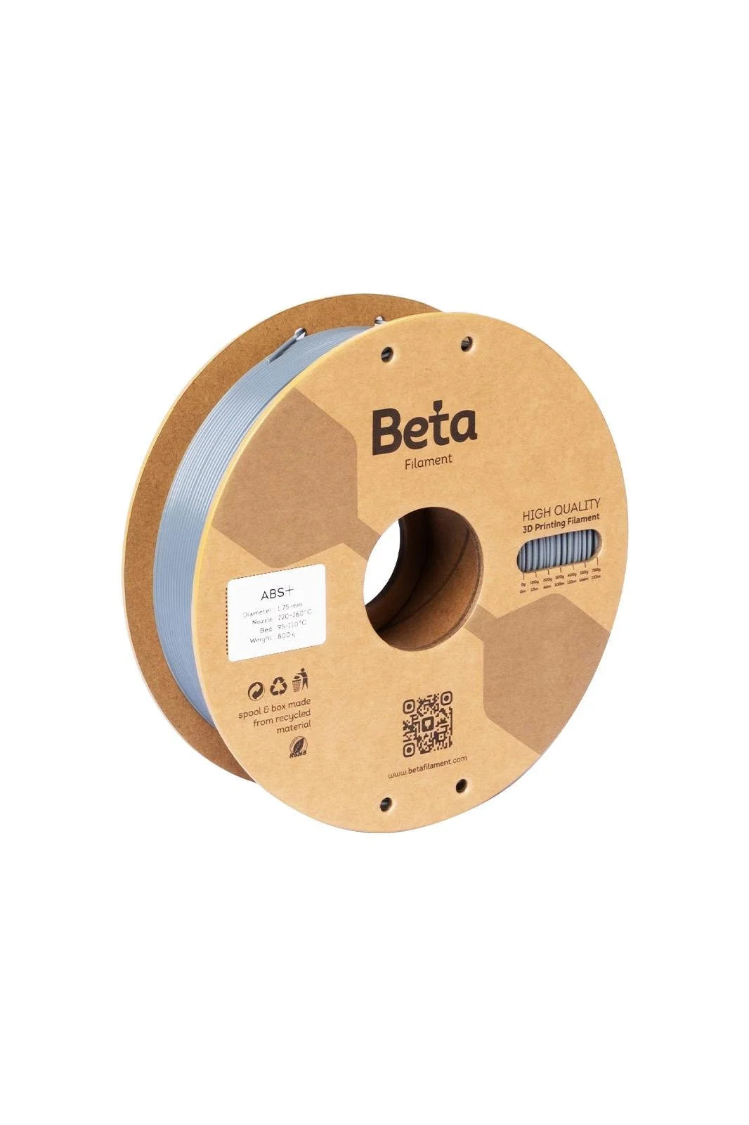 Beta ABS+ Grey 0.8kg 3D yazıcı filamenti makarası ve 1.75mm çap görünümü, sağlam gri rengi ve tel yapısını yansıtır. Timuzon güvencesiyle hemen keşfedin.
