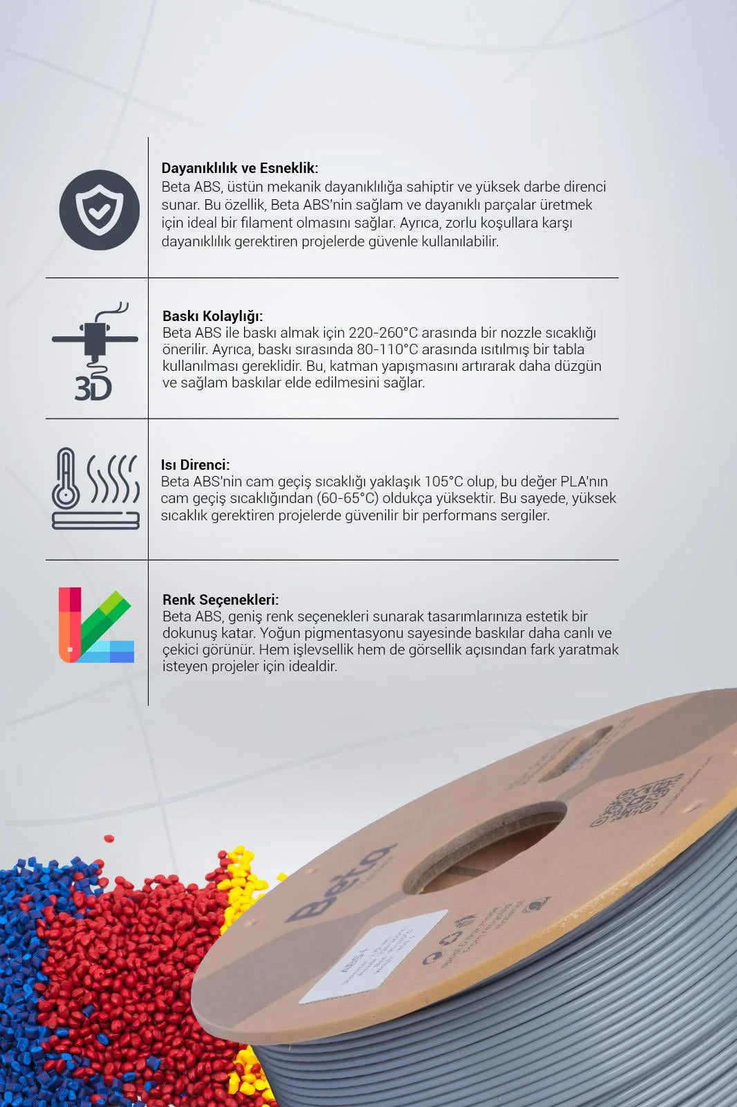 Beta ABS+ Grey 3D yazıcı filamentinin erime sıcaklığı ve mekanik mukavemet değerlerini içeren teknik veri tablosu. Timuzon güvencesiyle hemen keşfedin.