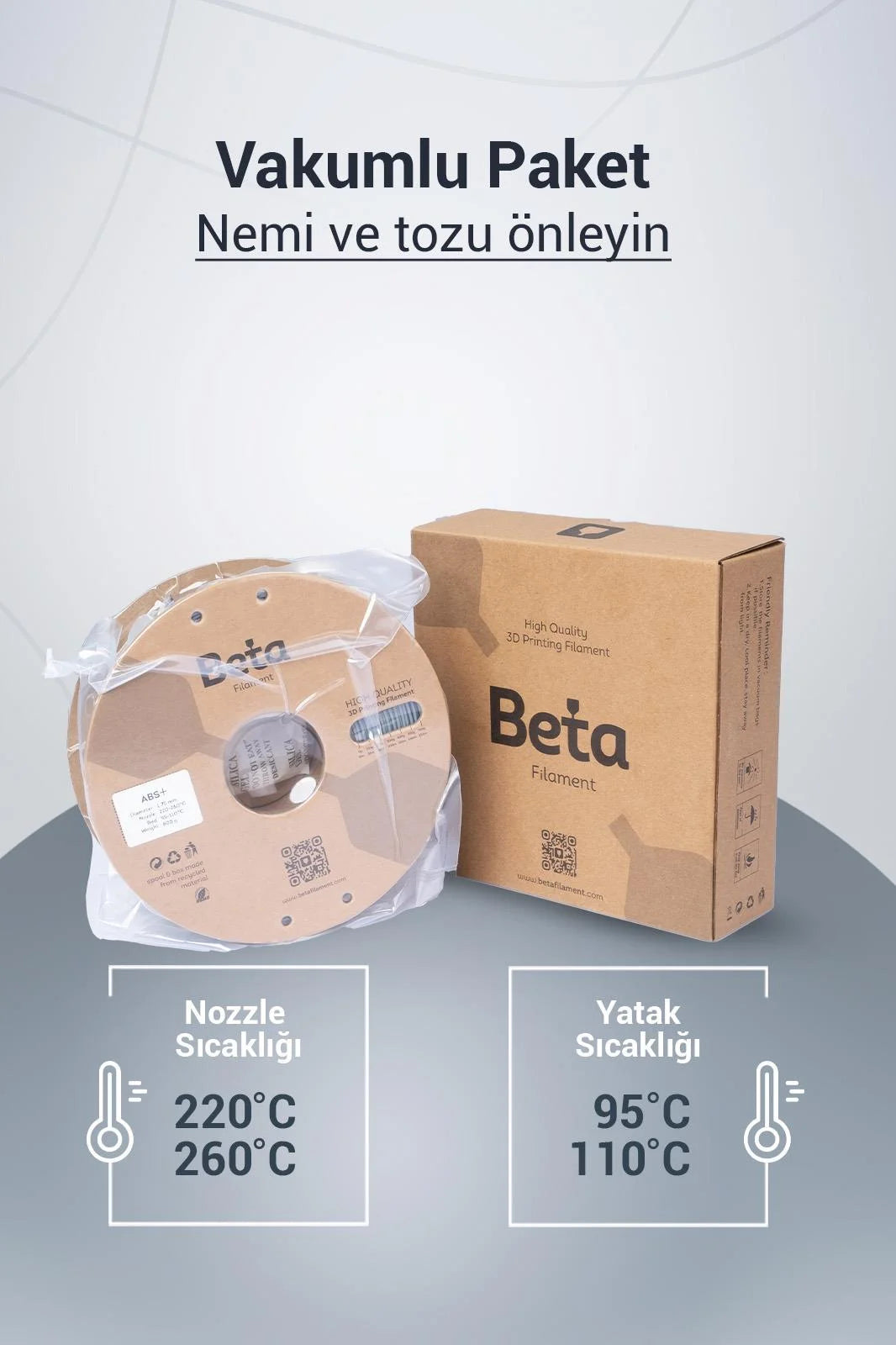 Beta ABS+ Grey vakumlu ambalaj içeriği ile en iyi nozzle ve tabla sıcaklık ayarlarını gösteren pratik şema. Timuzon güvencesiyle hemen keşfedin.