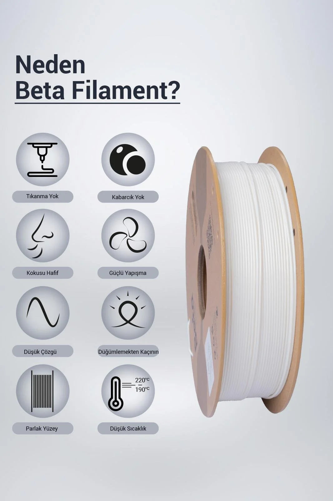 Beta ABS+ White filament, düşük koku ve mükemmel katman yapışması ile sorunsuz, yüksek kaliteli baskılar sunar. Timuzon güvencesiyle hemen keşfedin.
