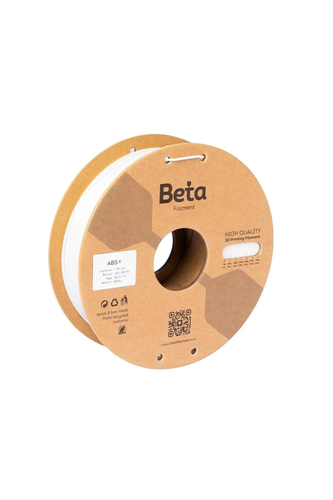 Beta ABS+ White 0.8kg makara ve 1.75mm çap görünümü, yüksek darbe dayanımlı yapıyı ve rengi yansıtır. Timuzon güvencesiyle hemen keşfedin.