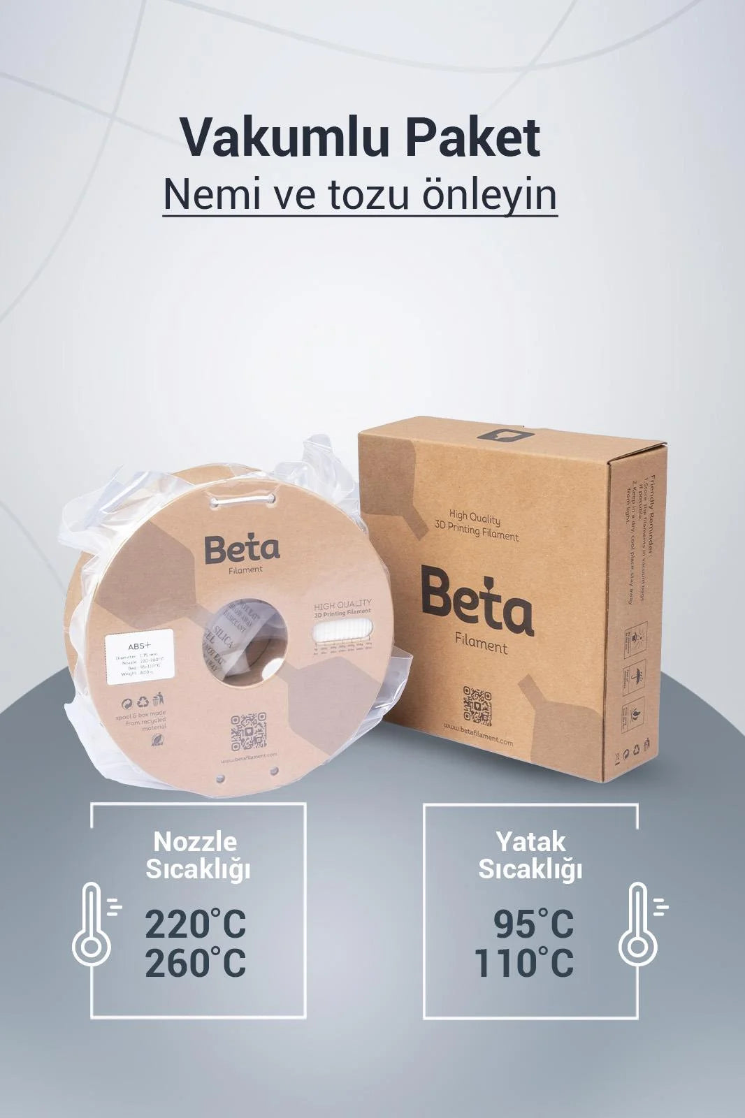Beta ABS+ White vakumlu paket içeriği ile ideal nozzle ve yatak sıcaklık ayarlarını gösteren bilgilendirici görsel. Timuzon güvencesiyle hemen keşfedin.