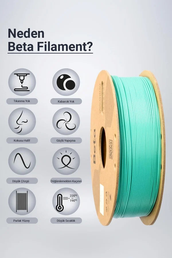 Beta PLA+ Aqua Green filament, düşük koku ve yüksek katman yapışması gibi üstün baskı avantajlarıyla sorunsuz üretim sunar. Timuzon güvencesiyle hemen keşfedin.