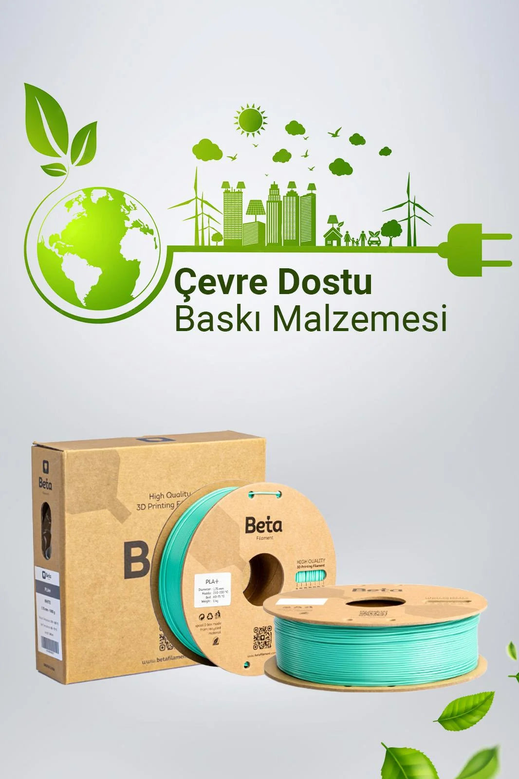 Beta PLA+ Aqua Green çevre dostu filament, 3D yazıcı makarası ve koruyucu kutu tasarımıyla birlikte sunulur. Timuzon güvencesiyle hemen keşfedin.