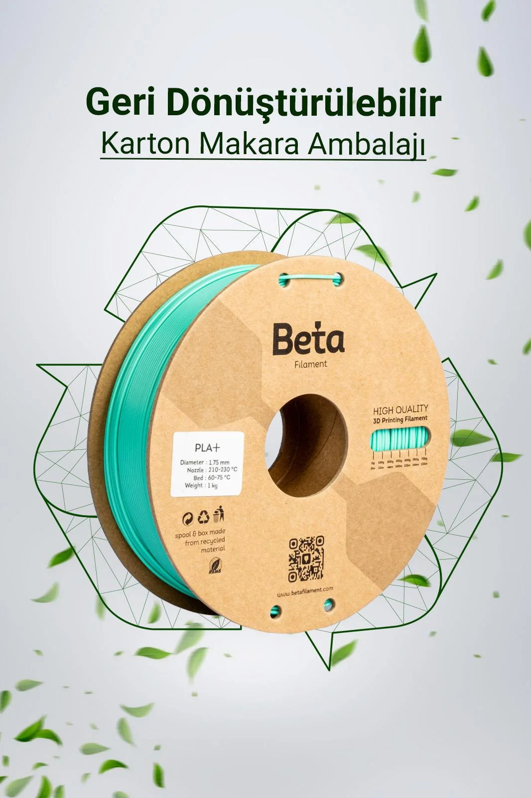 Beta PLA Plus Aqua Green geri dönüştürülebilir karton makaralı çevre dostu filament, doğa dostu bir üretim sunar. Timuzon güvencesiyle hemen keşfedin.