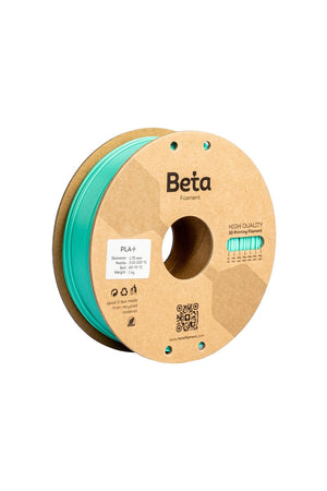 Beta PLA+ Aqua Green (su yeşili) 1kg 3D yazıcı filamenti makarası ve 1.75mm çap görünümü.