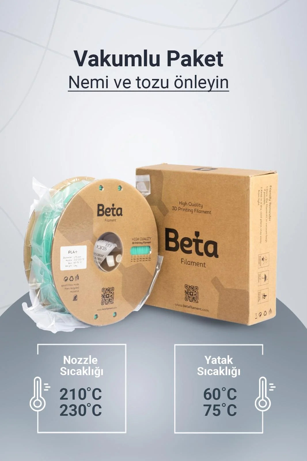 Beta PLA+ Aqua Green vakumlu paket içeriği ile nozzle ve yatak sıcaklık ayarlarını gösteren bilgilendirici görsel. Timuzon güvencesiyle hemen keşfedin.