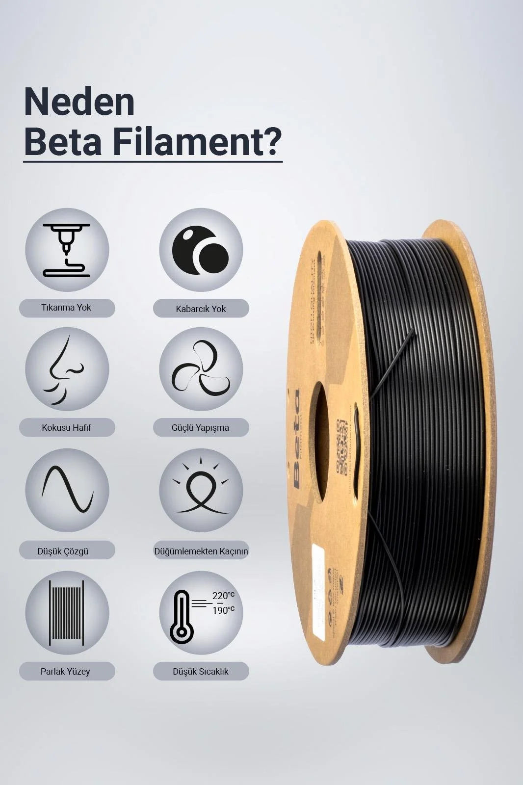 Beta PLA+ Black filament, düşük koku ve yüksek katman yapışması gibi üstün baskı avantajlarıyla sorunsuz üretim sunar. Timuzon güvencesiyle hemen keşfedin.