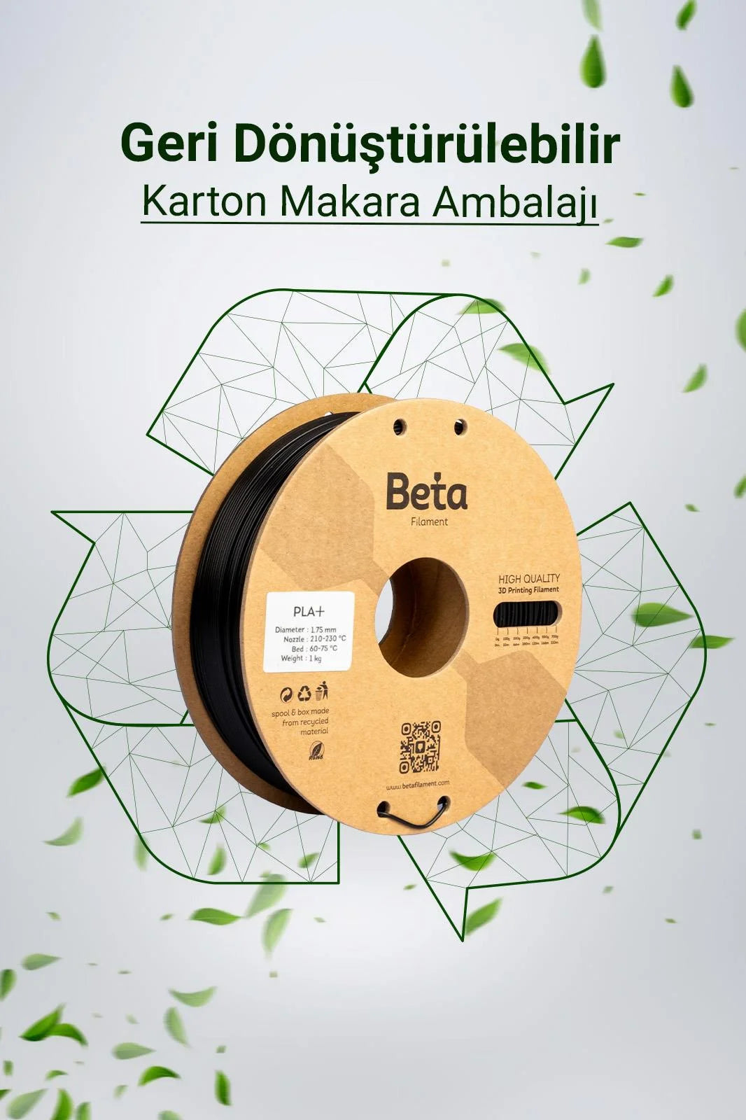 Beta PLA+ Black geri dönüştürülebilir karton makaralı çevre dostu filament, doğa dostu bir üretim sunar. Timuzon güvencesiyle hemen keşfedin.