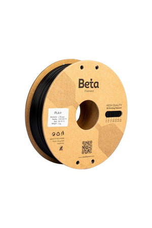 Beta PLA+ Black (siyah) 1kg 3D yazıcı filamenti makarası ve 1.75mm çap görünümü.