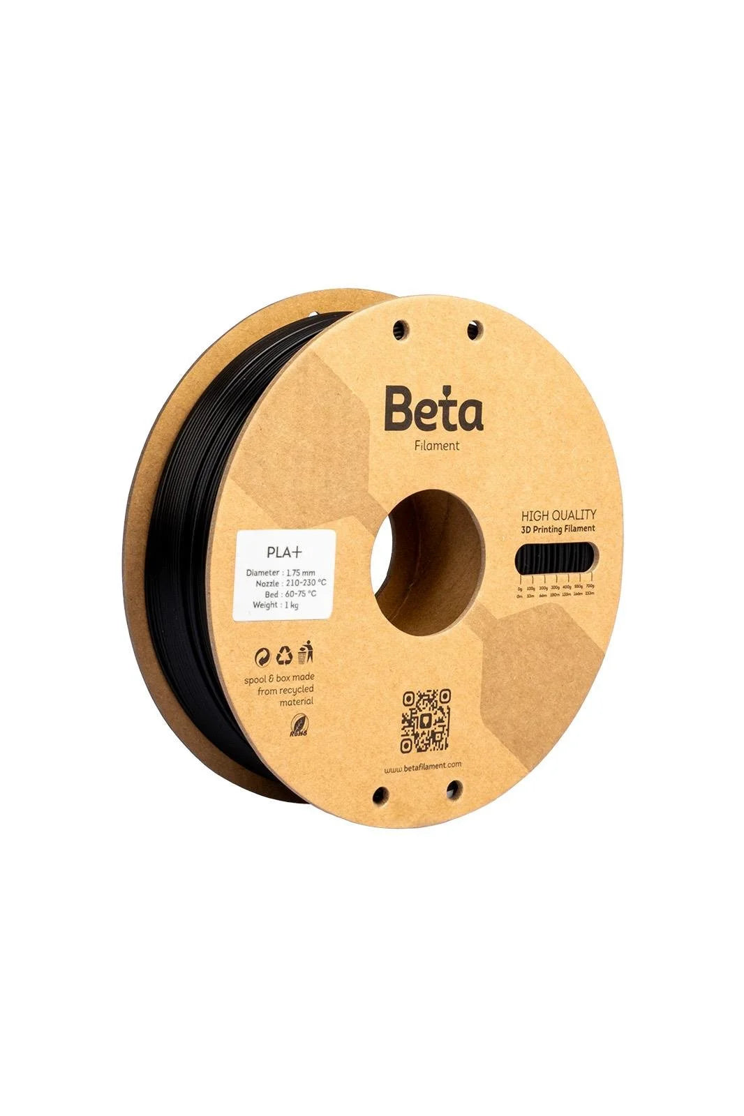 Beta PLA+ Black 1kg makarası ve 1.75mm çap görünümü malzemenin pürüzsüz yapısını ve kusursuz sarımını yansıtır. Timuzon güvencesiyle hemen keşfedin.