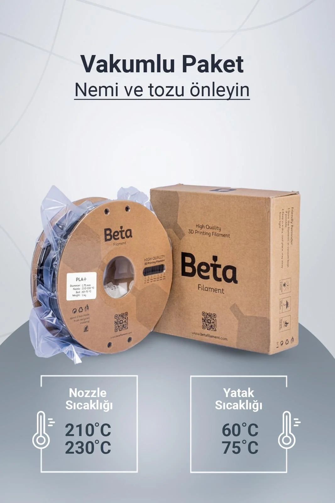 Beta PLA+ Black vakumlu paket içeriği ile nozzle ve yatak sıcaklık ayarlarını gösteren bilgilendirici görsel. Timuzon güvencesiyle hemen keşfedin.
