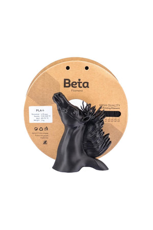 Beta PLA+ Black 1.75mm 1kg Filament ve siyah at figürü 3D yazıcı baskı örneği.