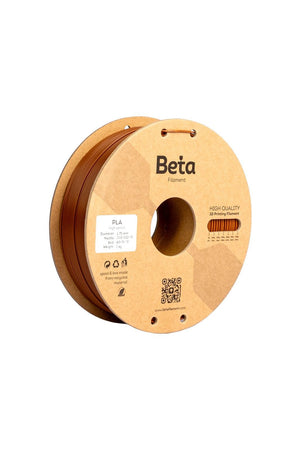 Beta PLA+ Brown (kahverengi) 1kg 3D yazıcı filamenti makarası ve 1.75mm çap görünümü.