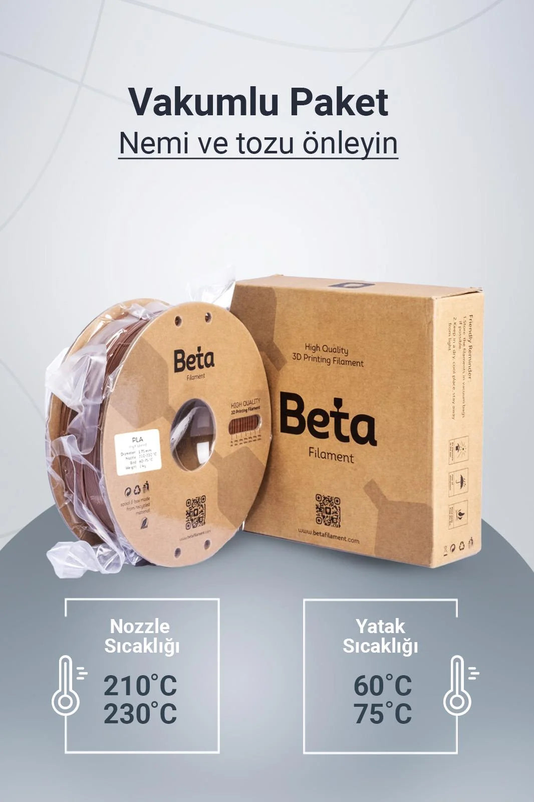 Beta PLA+ Brown vakumlu paket içeriği ile nozzle ve yatak sıcaklık ayarlarını gösteren bilgilendirici görsel. Timuzon güvencesiyle hemen keşfedin.