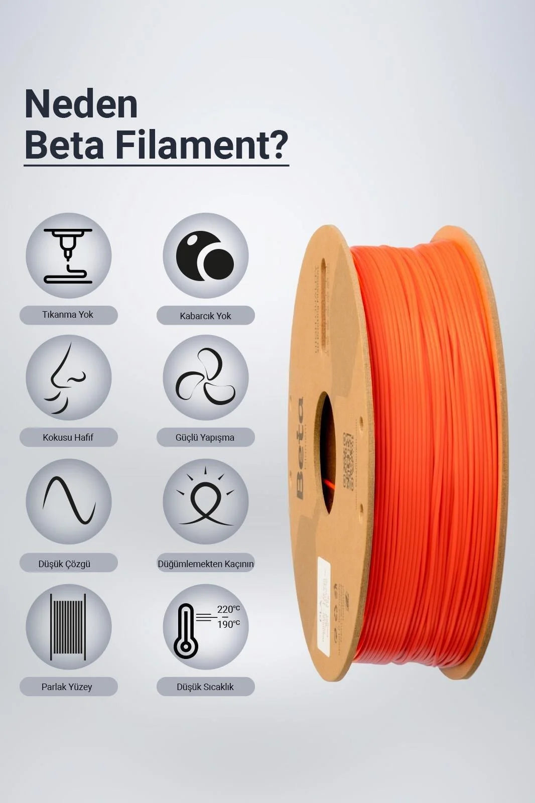 Beta PLA+ Coral Orange filament, düşük koku ve yüksek yapışma gibi üstün baskı avantajlarıyla sorunsuz üretim sunar. Timuzon güvencesiyle hemen keşfedin.