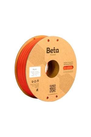 Beta PLA+ Coral Orange (mercan turuncusu) 1kg 3D yazıcı filamenti makarası ve 1.75mm çap görünümü.