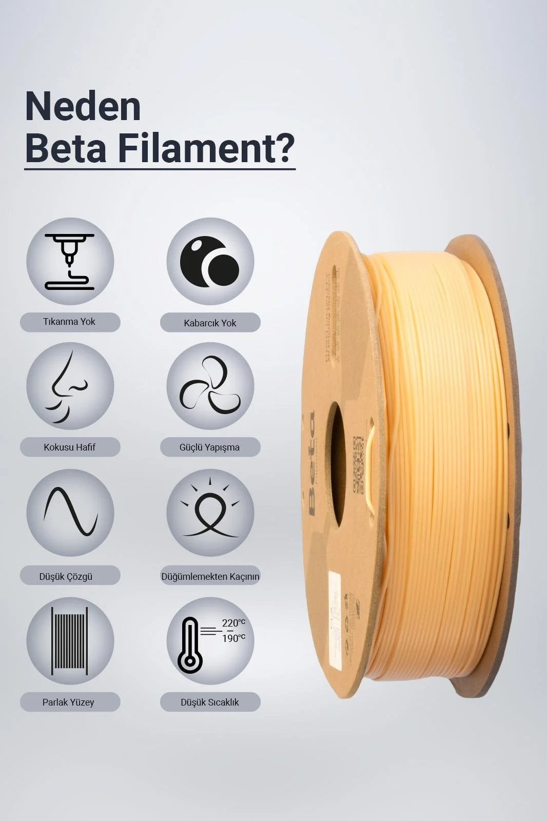Beta PLA+ Cream filament, düşük koku ve yüksek katman yapışması gibi üstün baskı avantajlarıyla sorunsuz üretim sunar. Timuzon güvencesiyle hemen keşfedin.