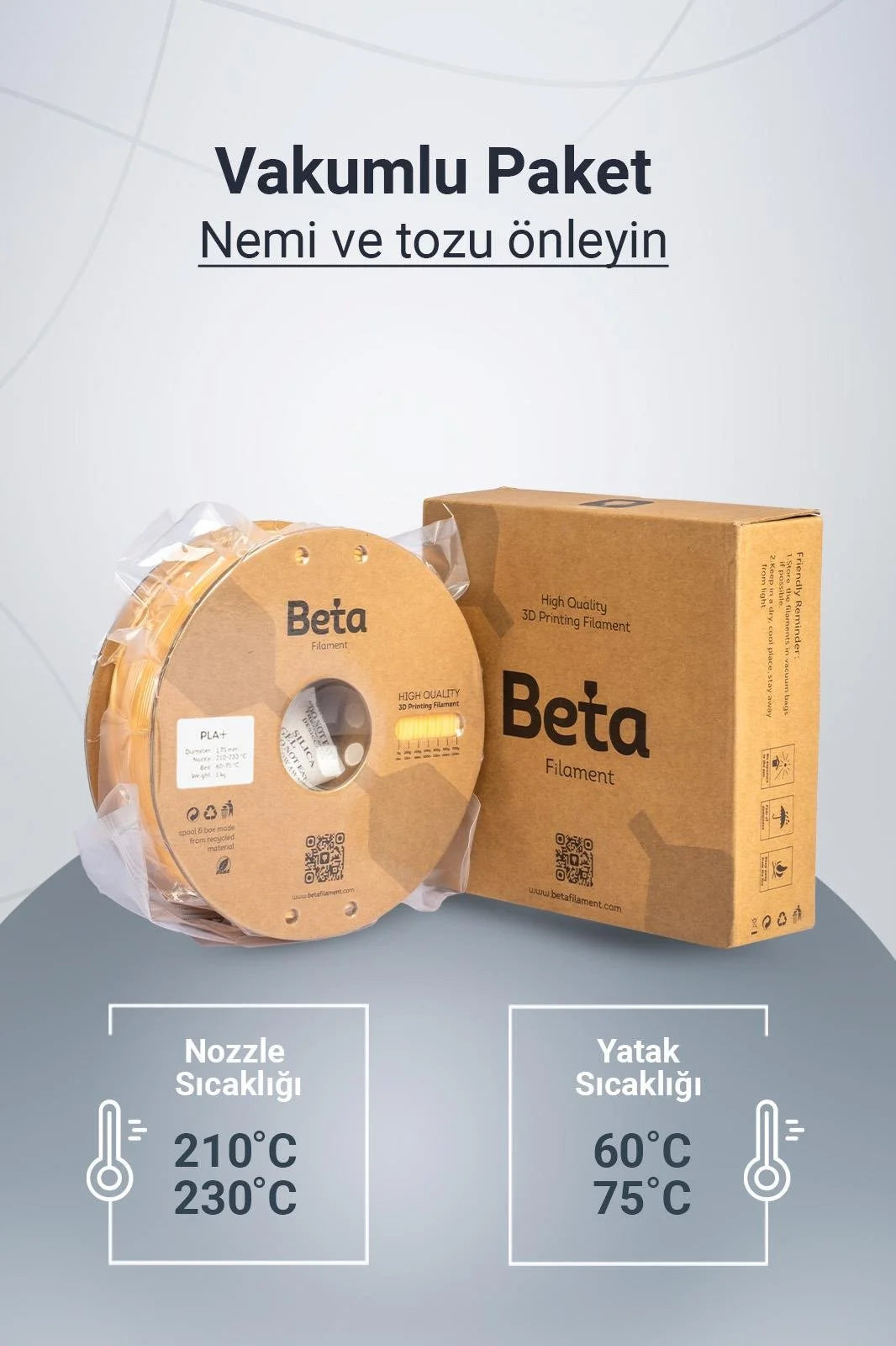Beta PLA+ Cream vakumlu paket içeriği ile nozzle ve yatak sıcaklık ayarlarını gösteren bilgilendirici görsel. Timuzon güvencesiyle hemen keşfedin.