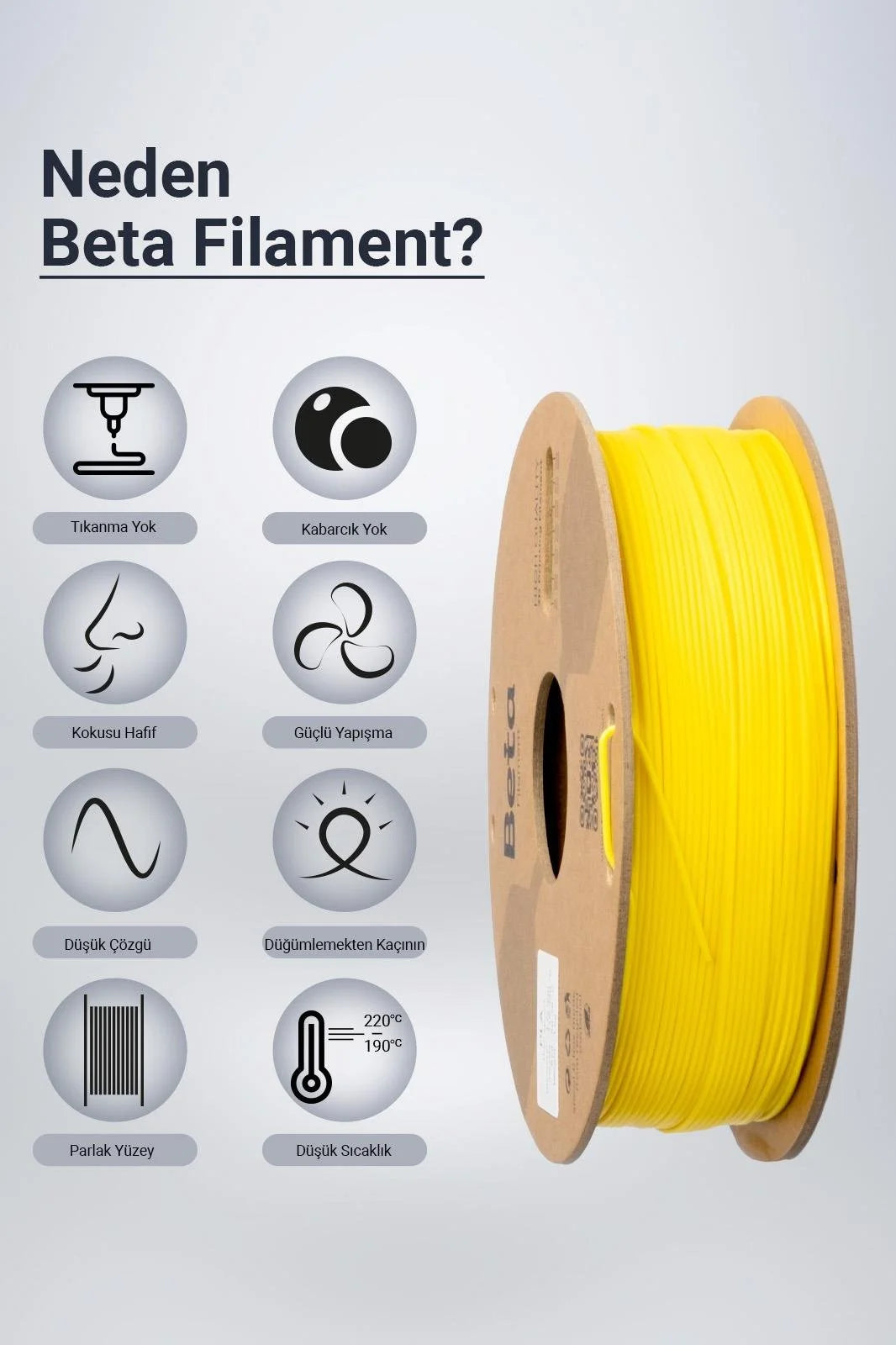 Beta PLA+ Cyber Yellow filament, düşük koku ve yüksek yapışma gibi üstün baskı avantajlarıyla sorunsuz üretim sunar. Timuzon güvencesiyle hemen keşfedin.