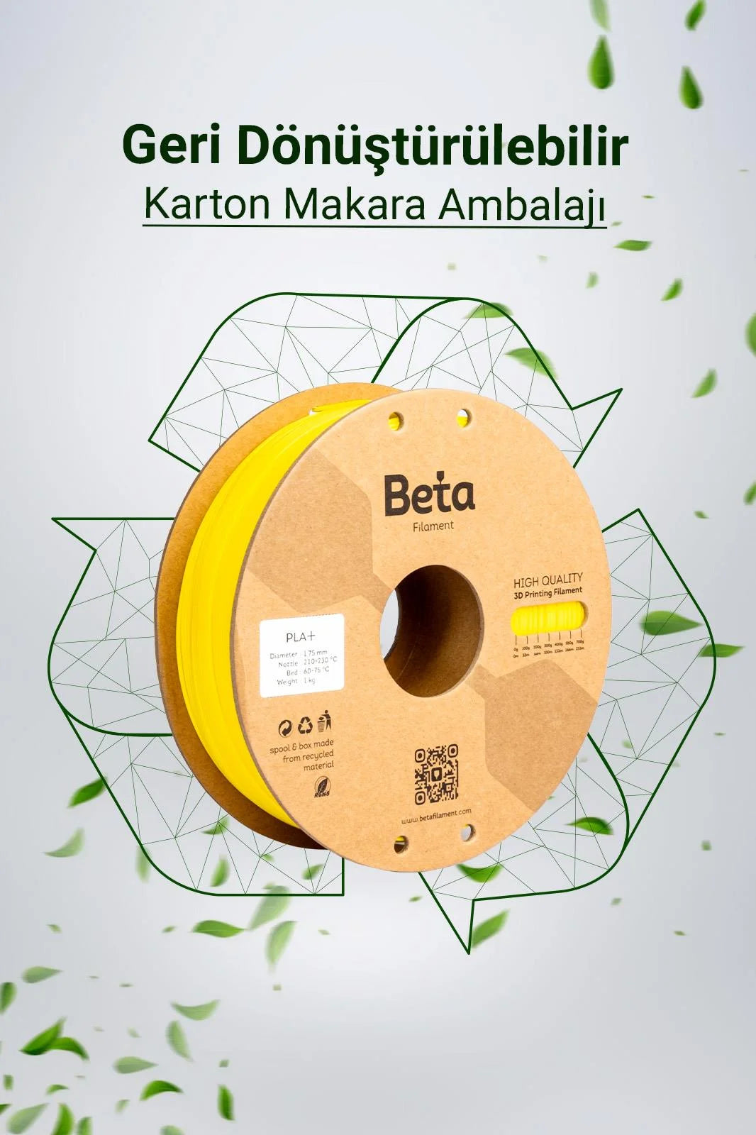 Beta PLA+ Cyber Yellow geri dönüştürülebilir karton makaralı çevre dostu filament, doğa dostu bir üretim sunar. Timuzon güvencesiyle hemen keşfedin.