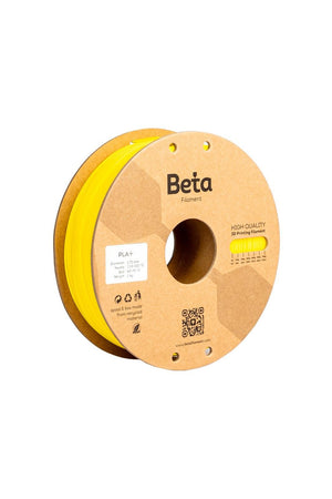Beta PLA+ Cyber Yellow (siber sarı) 1kg 3D yazıcı filamenti makarası ve 1.75mm çap görünümü.