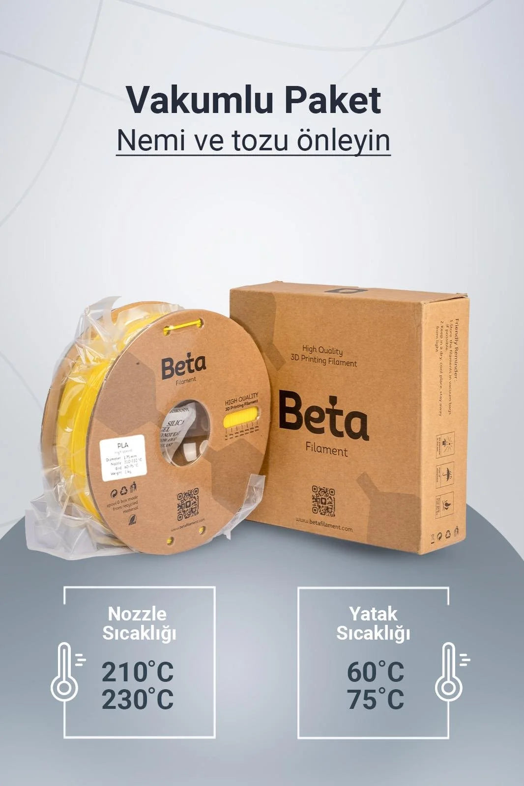 Beta PLA+ Cyber Yellow vakumlu paket içeriği ile nozzle ve yatak sıcaklık ayarlarını gösteren bilgilendirici görsel. Timuzon güvencesiyle hemen keşfedin.