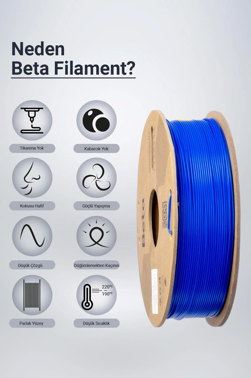 Beta PLA+ Deep Blue filament, düşük koku ve yüksek katman yapışması gibi üstün baskı avantajlarıyla sorunsuz üretim sunar. Timuzon güvencesiyle hemen keşfedin.