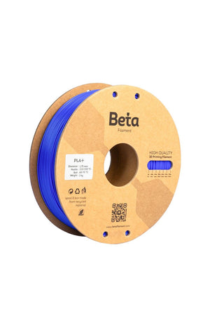 Beta PLA+ Deep Blue (koyu mavi) 1kg 3D yazıcı filamenti makarası ve 1.75mm çap görünümü.