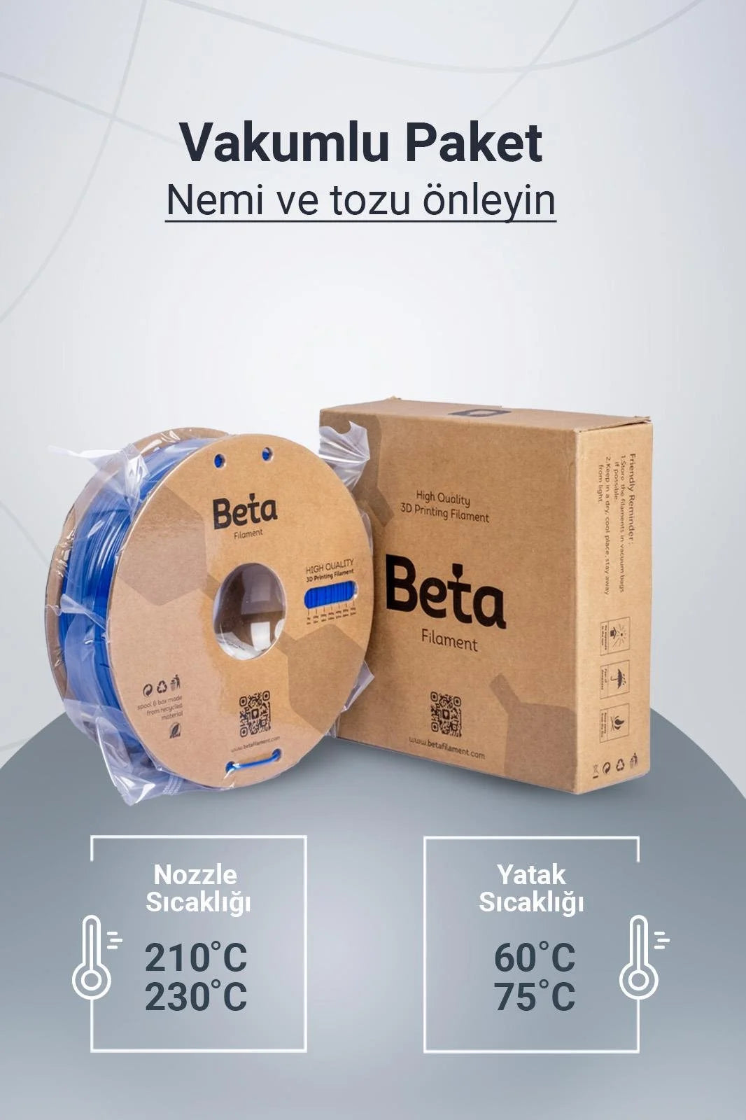 Beta PLA+ Deep Blue vakumlu paket içeriği ile nozzle ve yatak sıcaklık ayarlarını gösteren bilgilendirici görsel. Timuzon güvencesiyle hemen keşfedin.