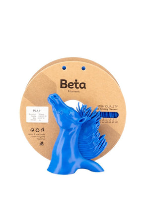Beta PLA+ Deep Blue 1.75mm 1kg Filament ve koyu mavi at figürü 3D yazıcı baskı örneği.