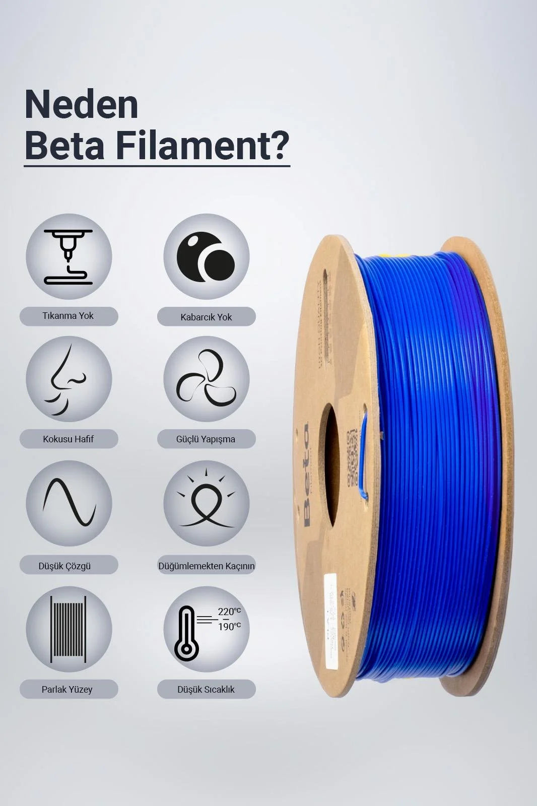 Beta PLA+ Fluorescent Blue filament, düşük koku ve yüksek yapışma gibi üstün baskı avantajlarıyla sorunsuz üretim sunar. Timuzon güvencesiyle hemen keşfedin.