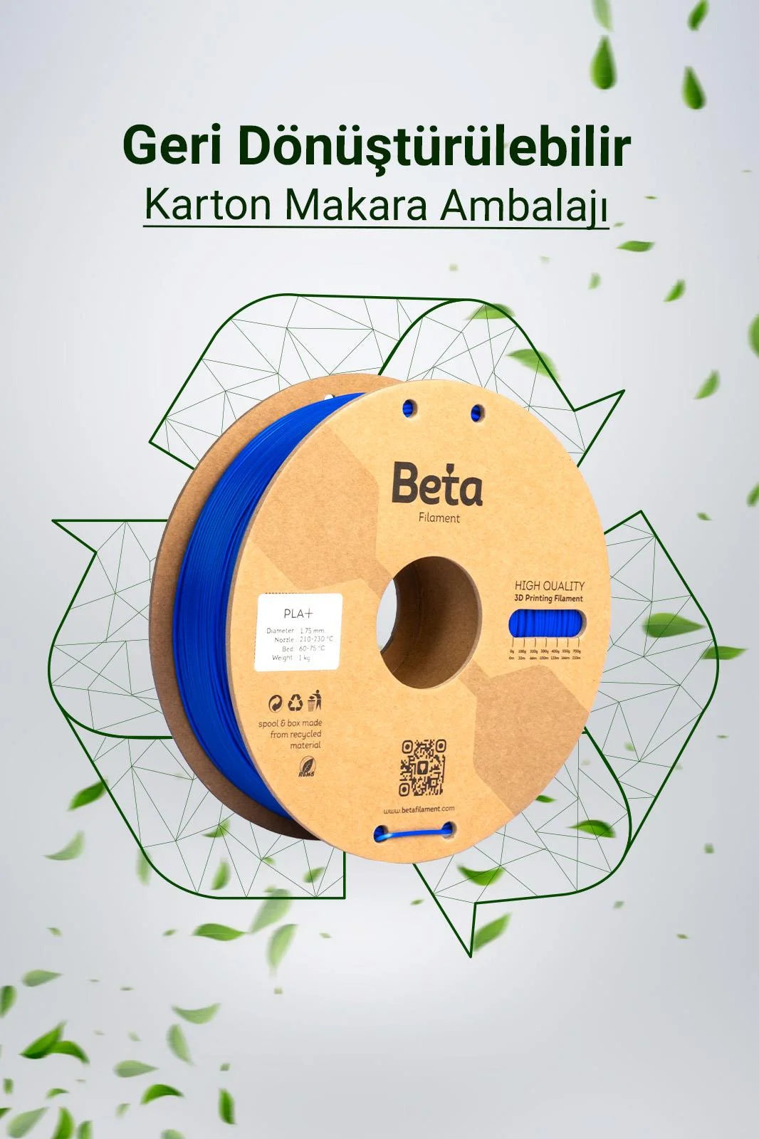 Beta PLA+ Fluorescent Blue geri dönüştürülebilir karton makaralı çevre dostu filament, doğa dostu bir üretim sunar. Timuzon güvencesiyle hemen keşfedin.