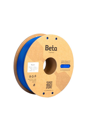Beta PLA+ Fluorescent Blue (neon mavi) 1kg 3D yazıcı filamenti makarası ve 1.75mm çap görünümü.