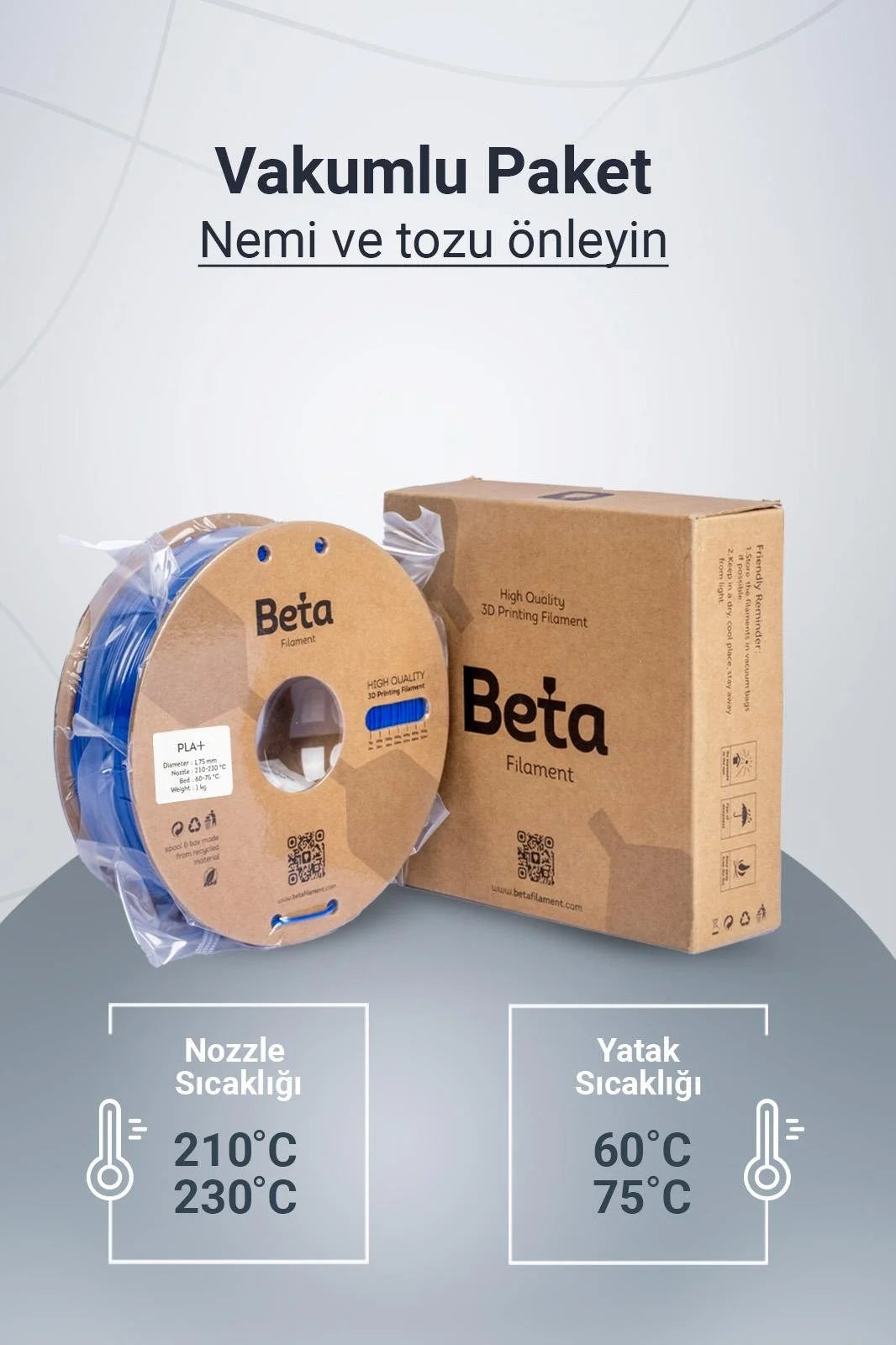Beta PLA+ Fluorescent Blue vakumlu paket içeriği ile nozzle ve yatak sıcaklık ayarlarını gösteren bilgilendirici görsel. Timuzon güvencesiyle hemen keşfedin.
