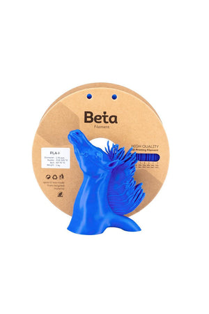 Beta PLA+ Fluorescent Blue 1.75mm 1kg Filament ve neon mavi at figürü 3D yazıcı baskı örneği.