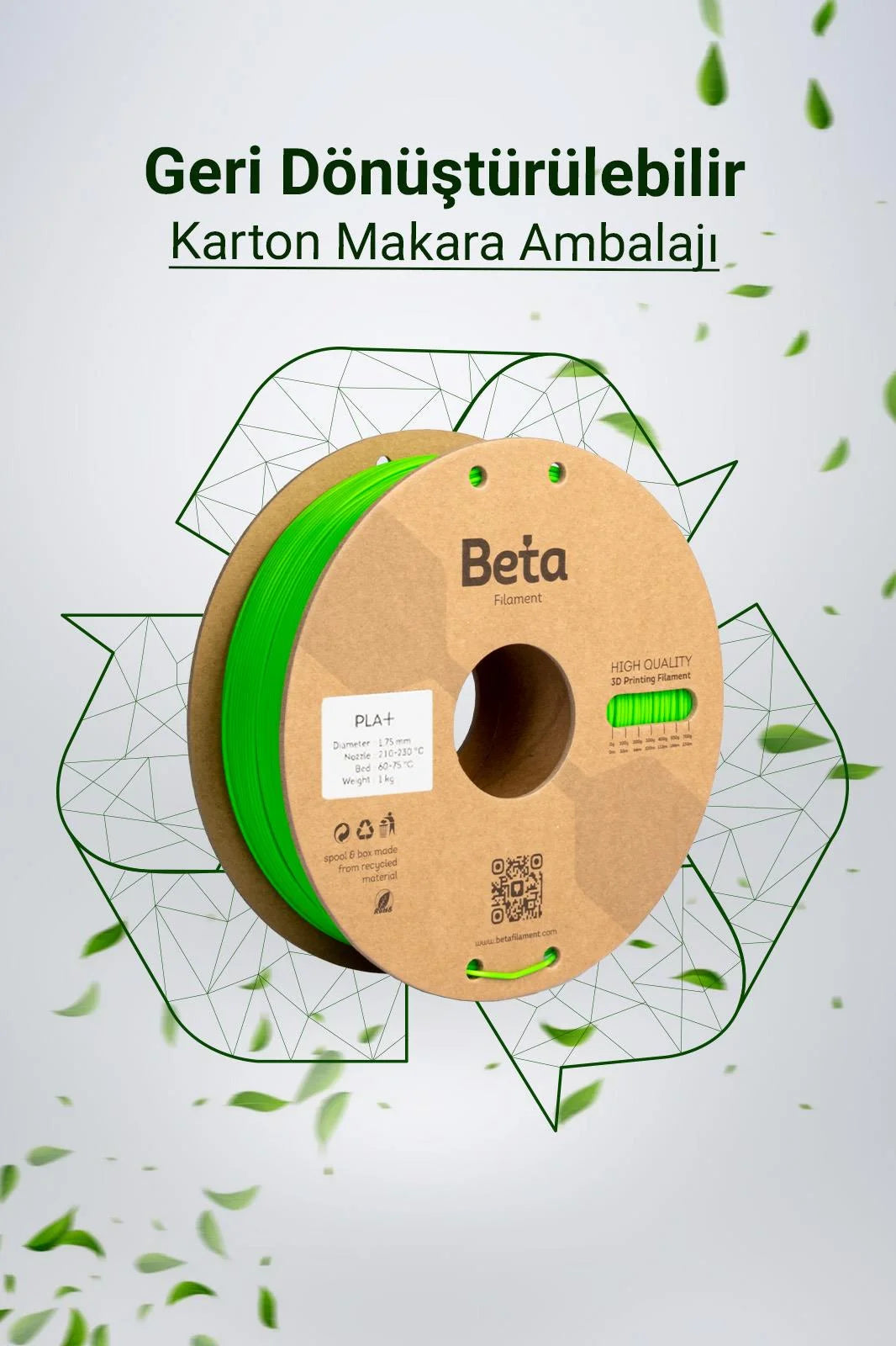 Beta PLA+ Fluorescent Green geri dönüştürülebilir karton makaralı çevre dostu filament, doğa dostu bir üretim sunar. Timuzon güvencesiyle hemen keşfedin.