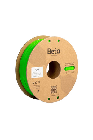 Beta PLA+ Fluorescent Green (neon yeşil) 1kg 3D yazıcı filamenti makarası ve 1.75mm çap görünümü.