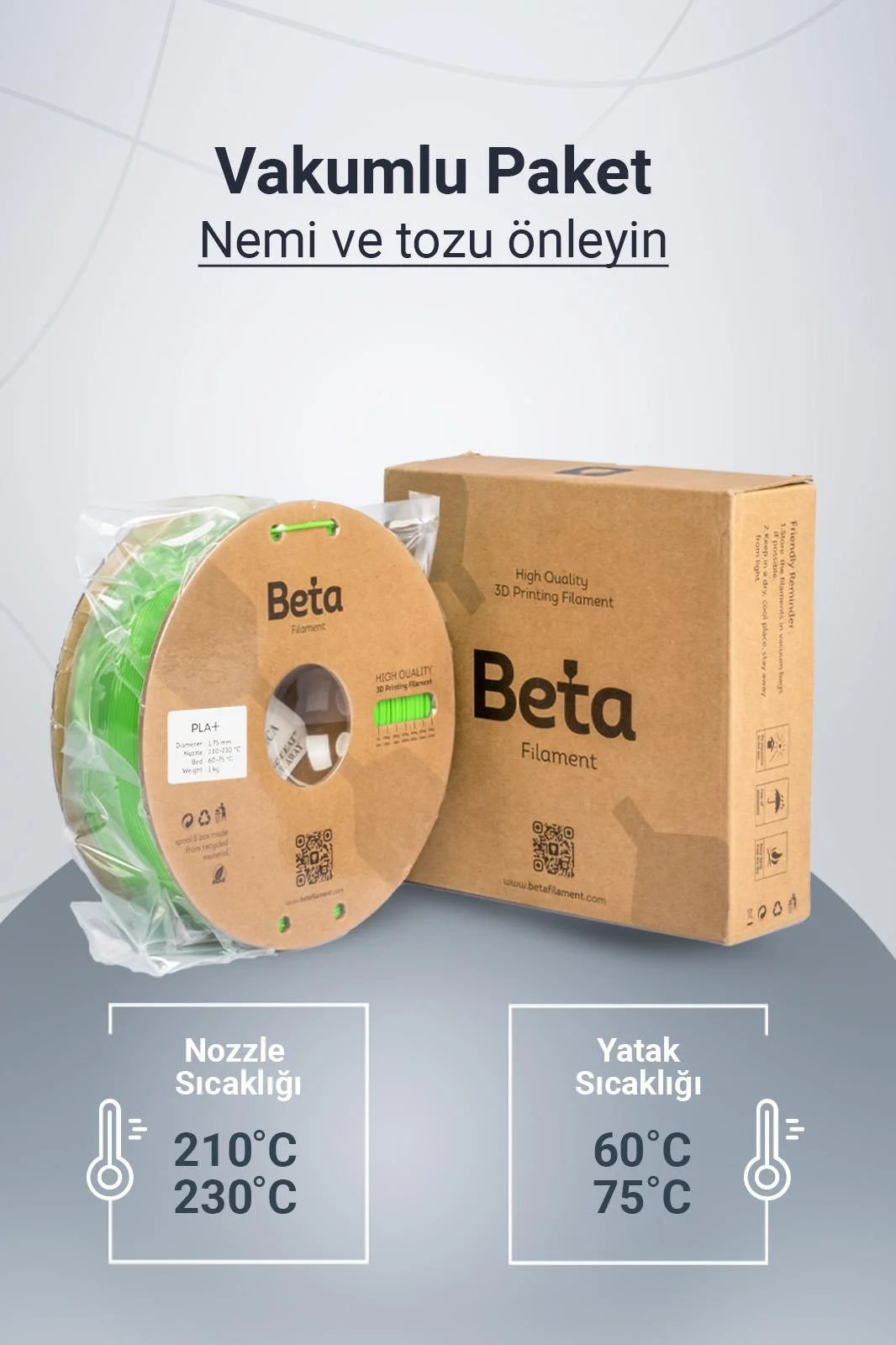 Beta PLA+ Fluorescent Green vakumlu paket içeriği ile nozzle ve yatak sıcaklık ayarlarını gösteren bilgilendirici görsel. Timuzon güvencesiyle hemen keşfedin.