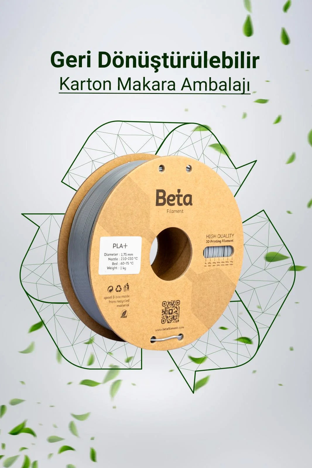 Beta PLA+ Grey geri dönüştürülebilir karton makaralı çevre dostu filament, doğa dostu bir üretim sunar. Timuzon güvencesiyle hemen keşfedin.