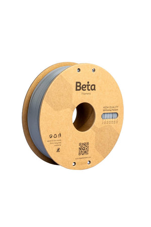 Beta PLA+ Grey (gri) 1kg 3D yazıcı filamenti makarası ve 1.75mm çap görünümü.