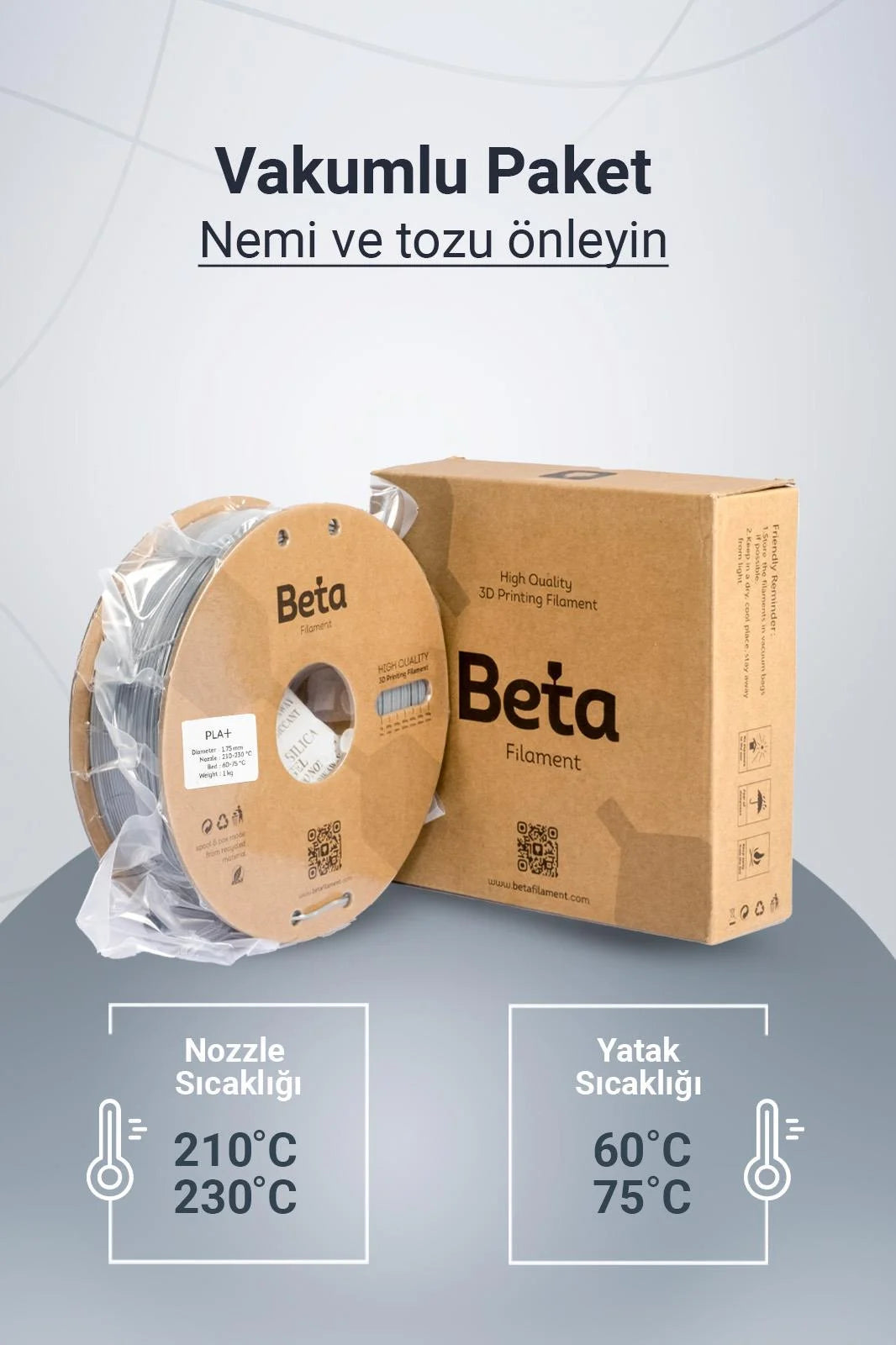 Beta PLA+ Grey vakumlu paket içeriği ile nozzle ve yatak sıcaklık ayarlarını gösteren detaylı bilgi görseli. Timuzon güvencesiyle hemen keşfedin.